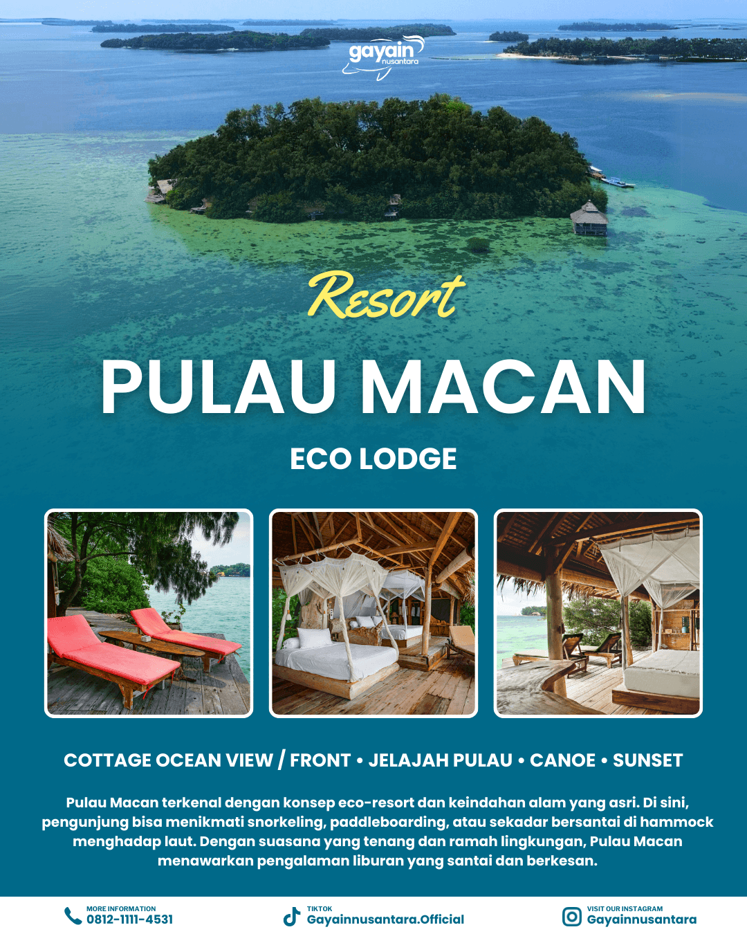 Overwater bungalow at an island resort in Kepulauan Seribu